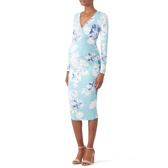 Yumi Kim Blue Floral Wrap Midi Maternity Dress Large Femme Romantic Cottagecore - Picture 2 of 9